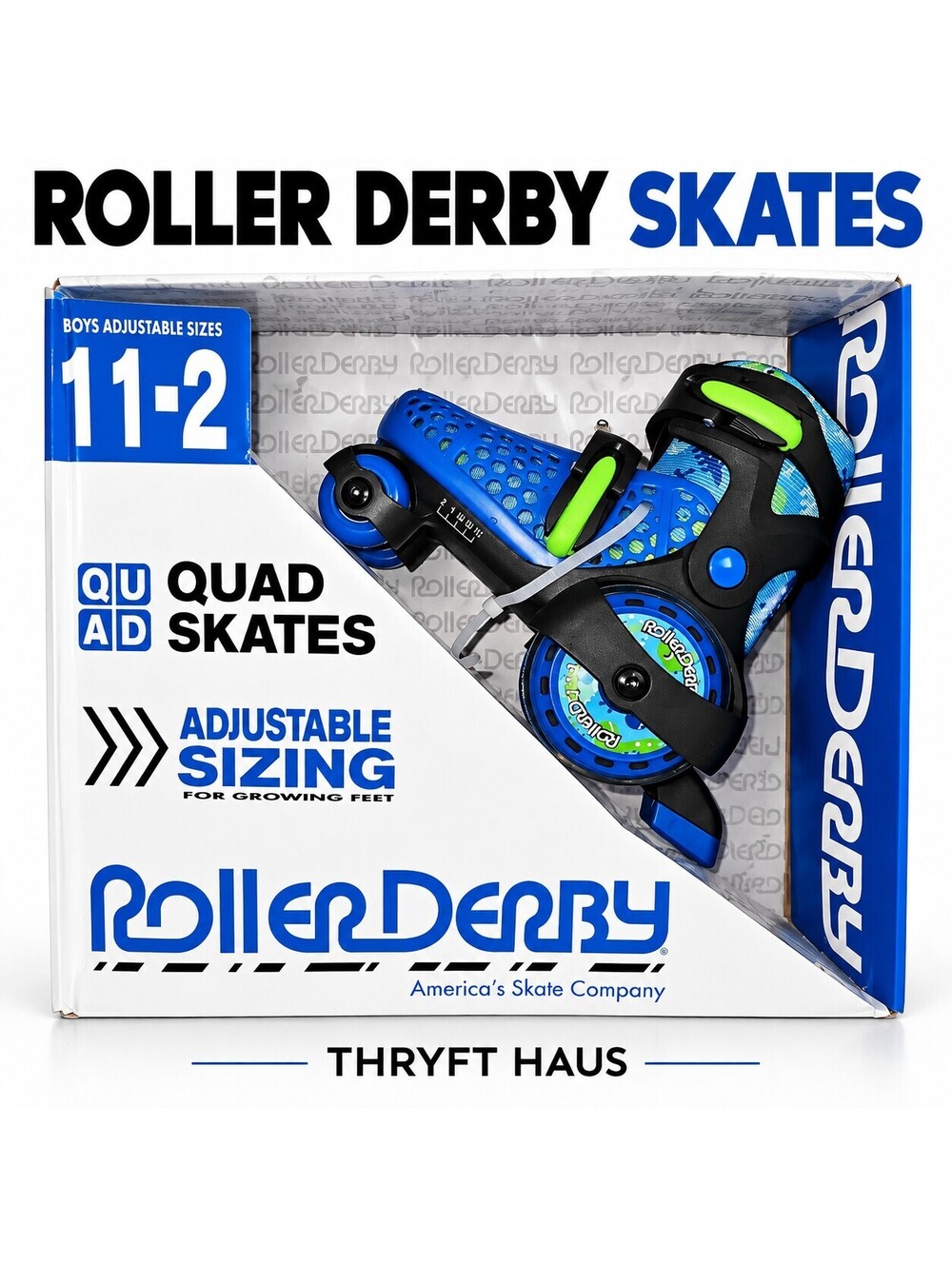 Roller Derby Boys Adjustable Size Quad Skates 11-2 Blue with Green Accents